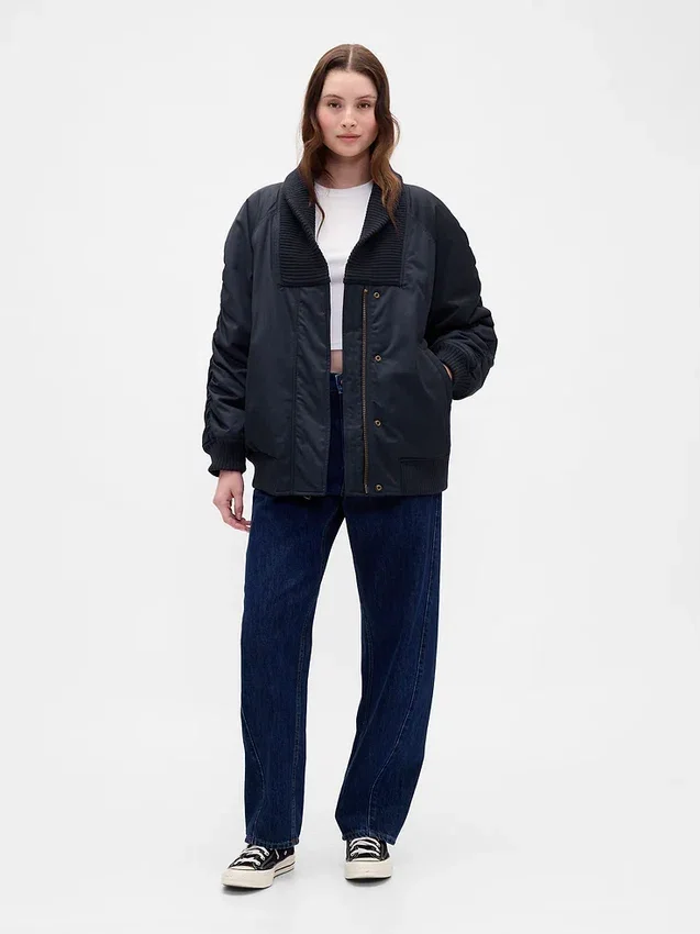 Oversized Knit-Trim Bomber Jacket
