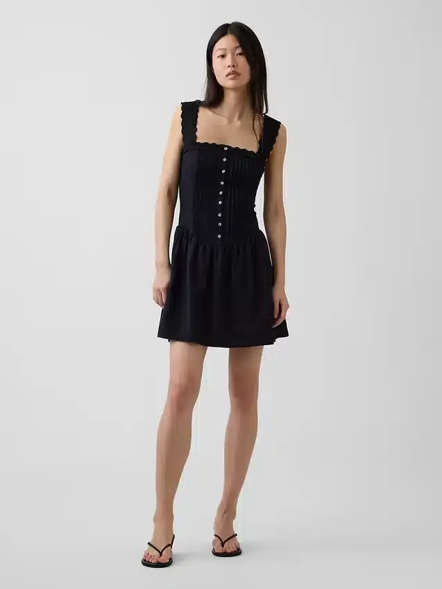 Pintuck Drop-Waist Mini Dress