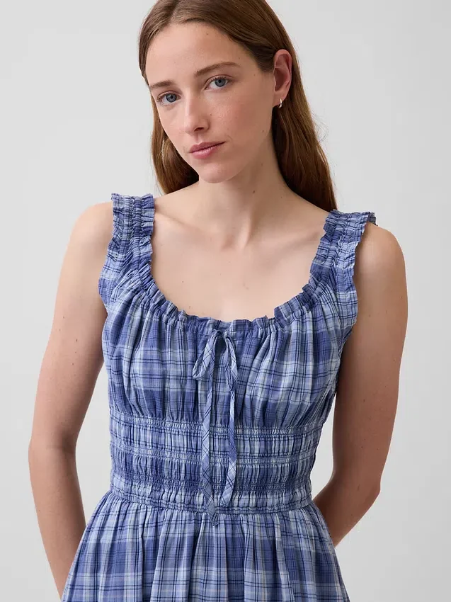 Plaid Voile Smocked Waist Maxi Dress