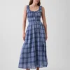 Plaid Voile Smocked Waist Maxi Dress