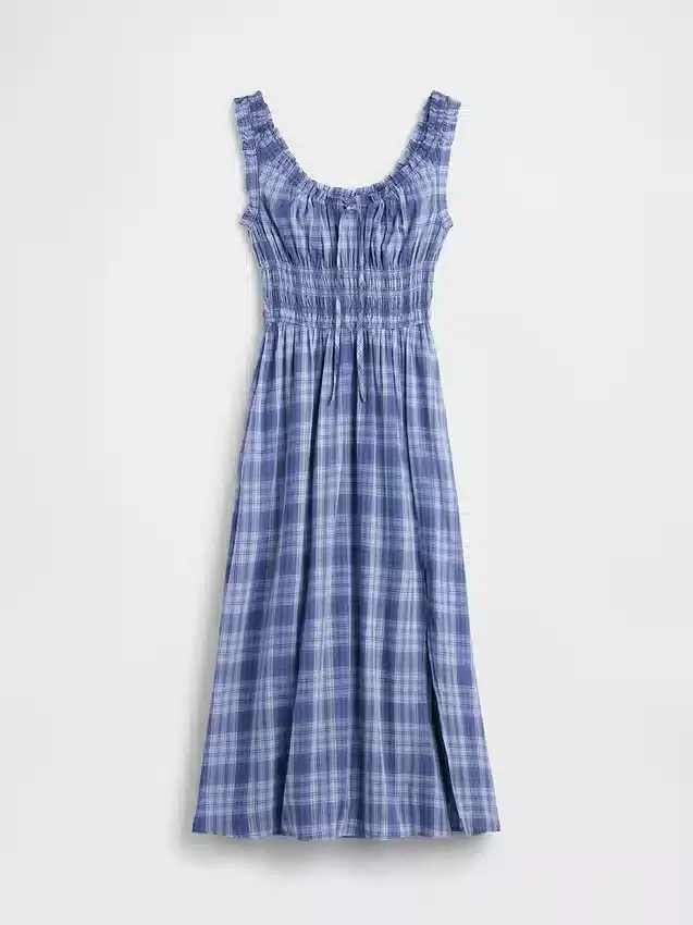 Plaid Voile Smocked Waist Maxi Dress