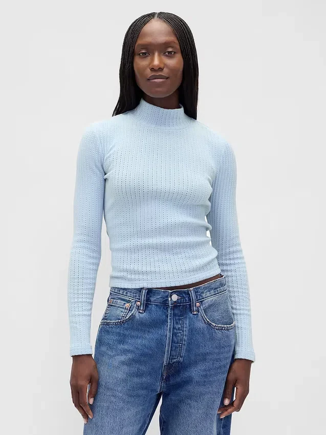 Pointelle Rib Crop Turtleneck