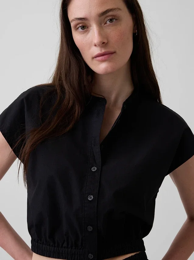 Poplin Cap-Sleeve Crop Shirt