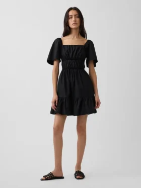 Poplin Flutter-Sleeve Mini Dress