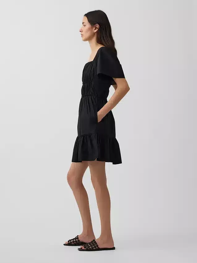 Poplin Flutter-Sleeve Mini Dress