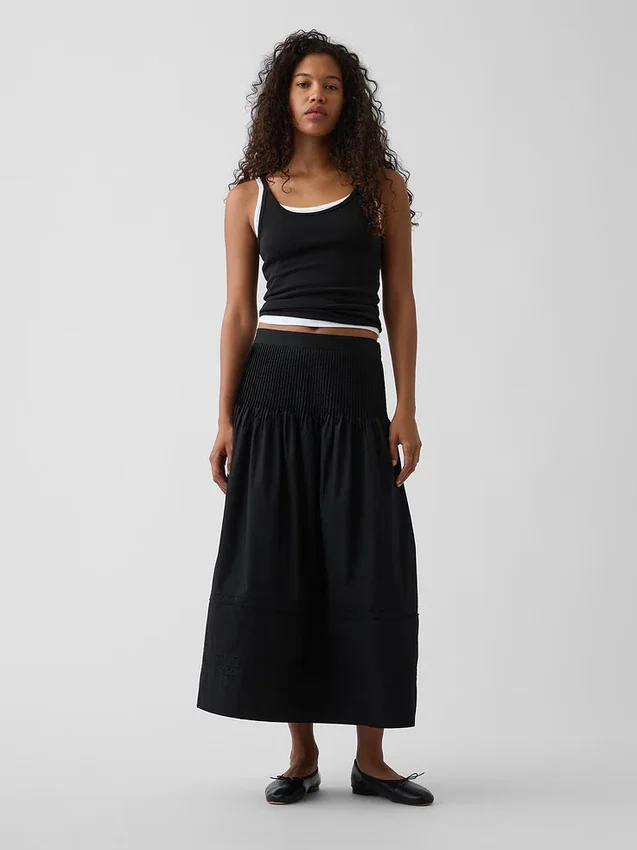 Poplin Pintuck Maxi Skirt