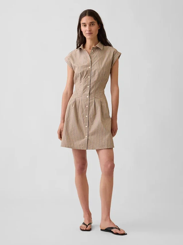Poplin Stripe Cinched Mini Shirtdress