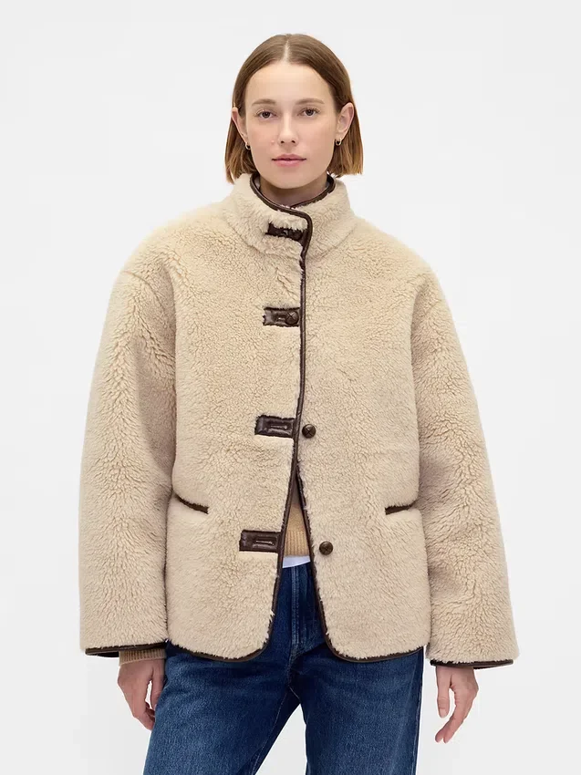 Recycled Sherpa & Vegan Leather-Trim Jacket