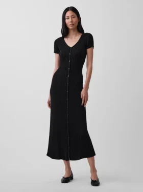 Rib Button-Front Maxi Sweater Dress