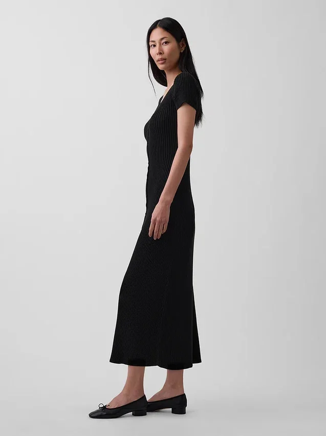 Rib Button-Front Maxi Sweater Dress
