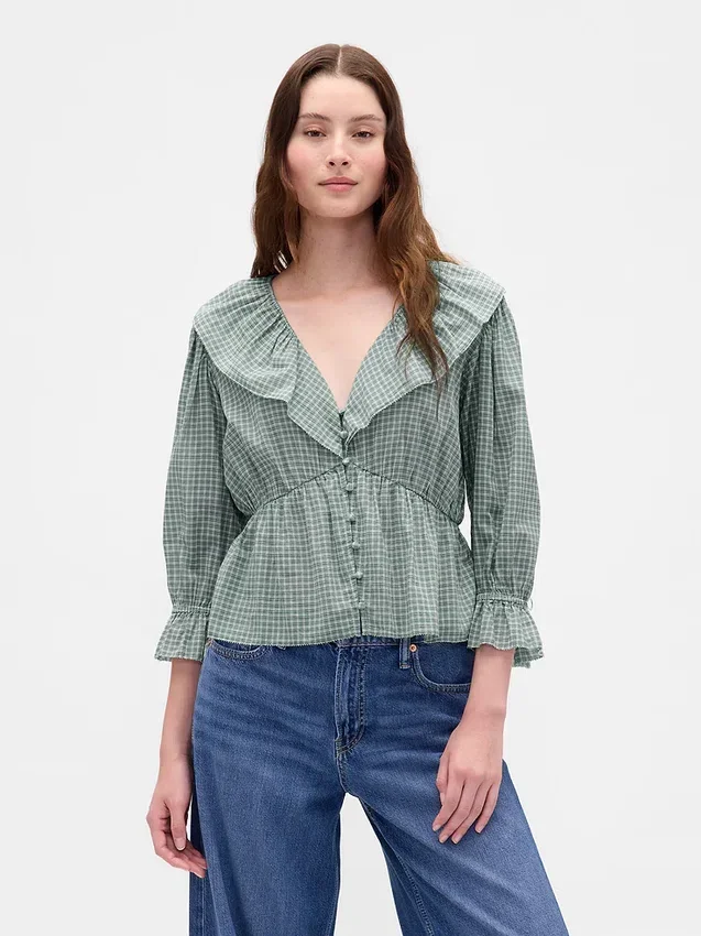 Ruffle Collar V-Neck Top