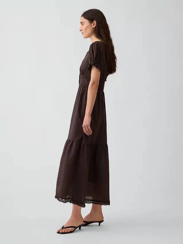 Scoop-Neck Lace-Trim Tiered Maxi Dress