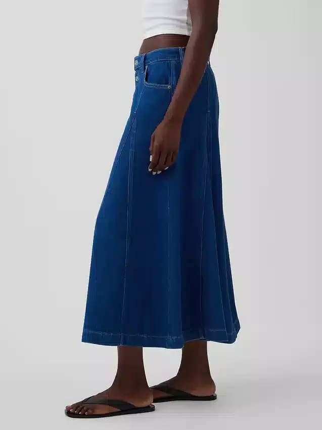 Seamed Denim Button-Front Maxi Skirt