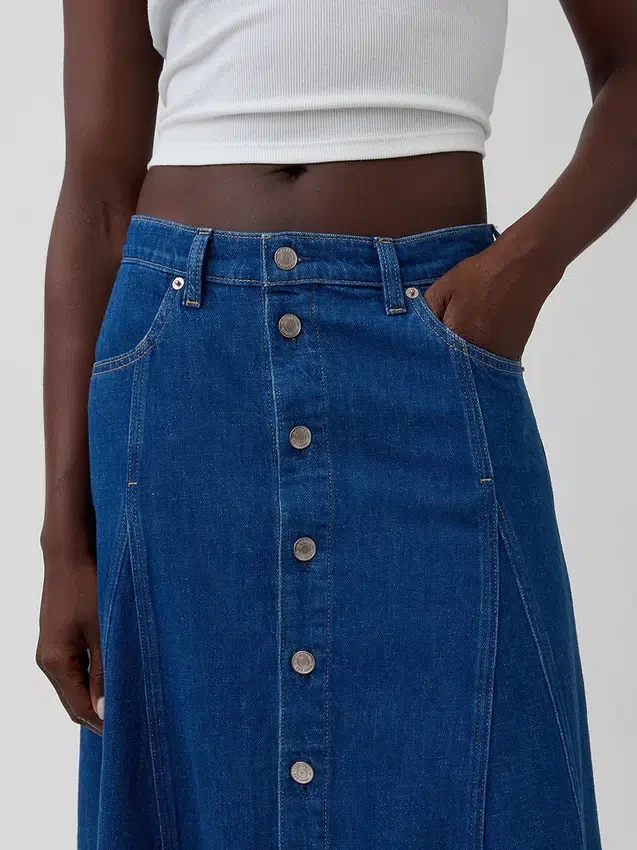Seamed Denim Button-Front Maxi Skirt