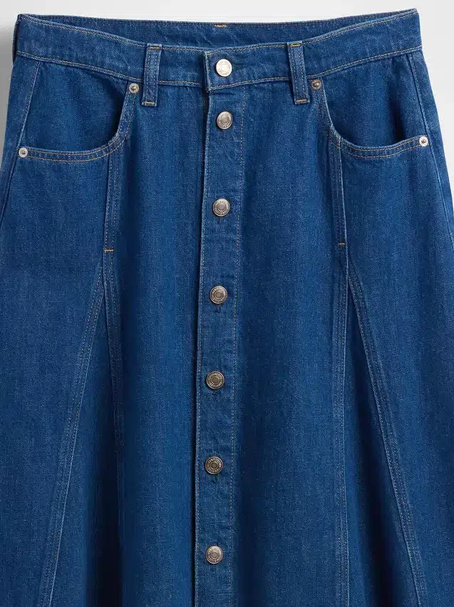 Seamed Denim Button-Front Maxi Skirt