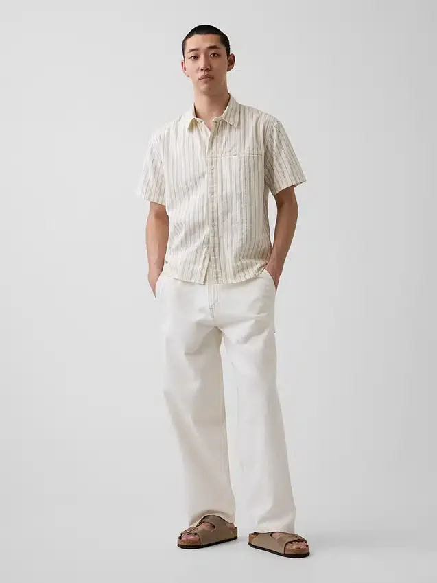 Seersucker Stripe Relaxed Curved-Hem Shirt