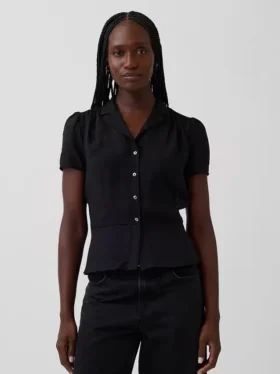 Sheer Button-Front Peplum Top