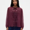Sheer Recycled Lace Inset Tie-Neck Top