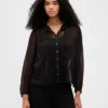 Sheer Recycled Lace Inset Tie-Neck Top