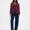 Sheer Recycled Lace Inset Tie-Neck Top