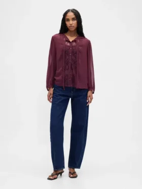 Sheer Recycled Lace Inset Tie-Neck Top