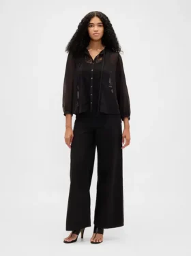 Sheer Recycled Lace Inset Tie-Neck Top
