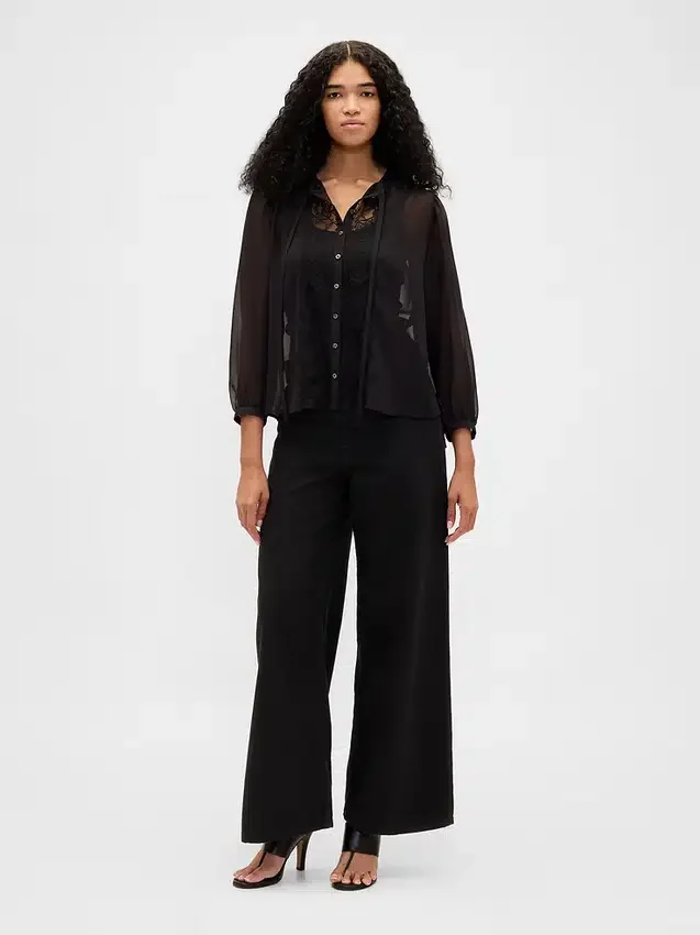 Sheer Recycled Lace Inset Tie-Neck Top