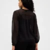 Sheer Recycled Lace Inset Tie-Neck Top
