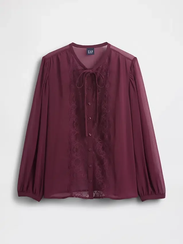 Sheer Recycled Lace Inset Tie-Neck Top