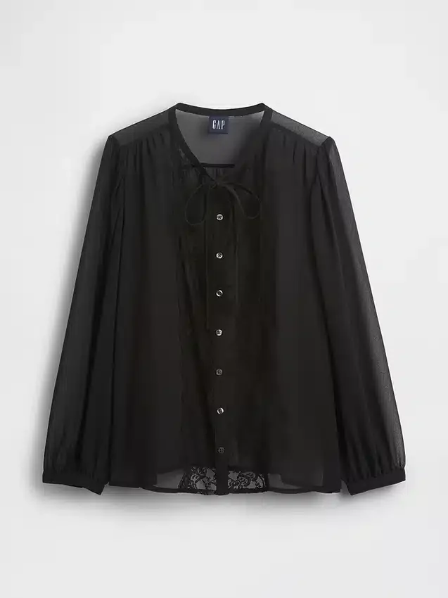 Sheer Recycled Lace Inset Tie-Neck Top