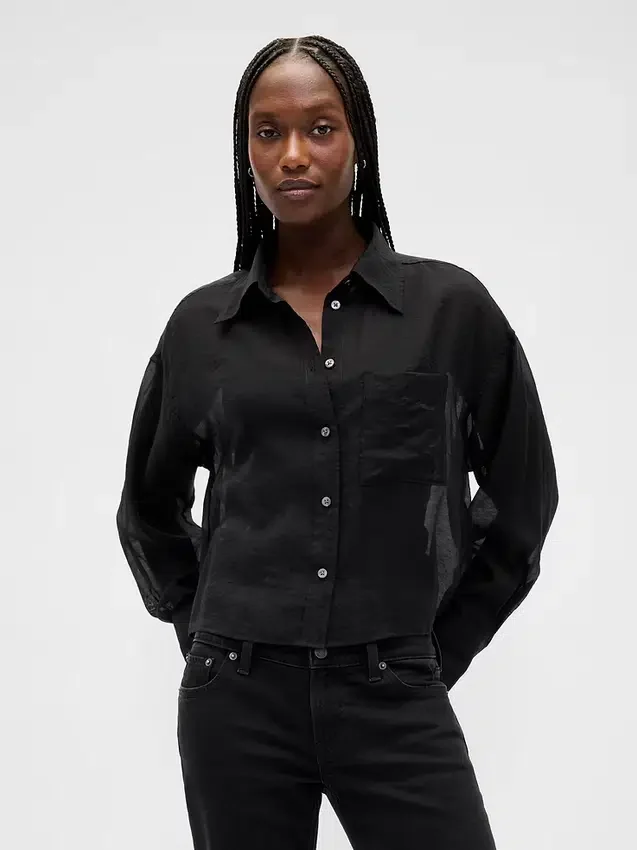 Sheer Straight-Hem Crop Shirt