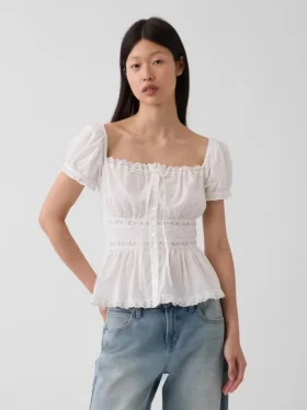 Square-Neck Lace-Trim Peplum Top