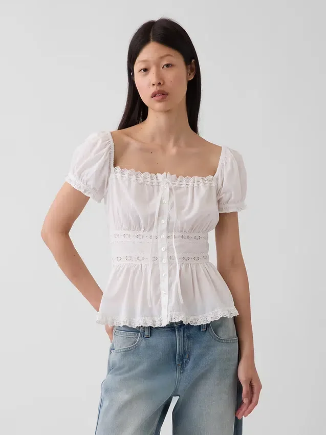 Square-Neck Lace-Trim Peplum Top