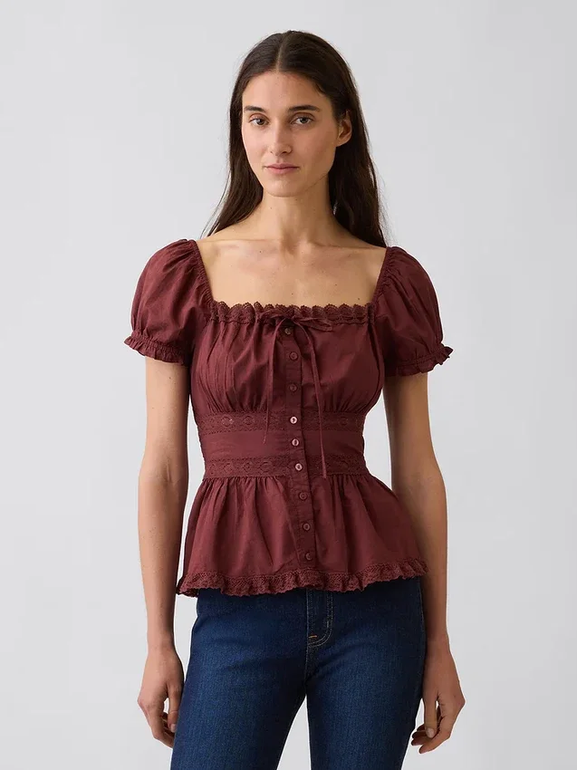 Square-Neck Lace-Trim Peplum Top