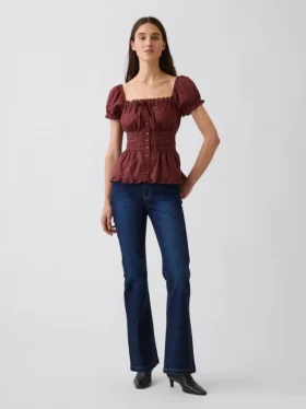 Square-Neck Lace-Trim Peplum Top