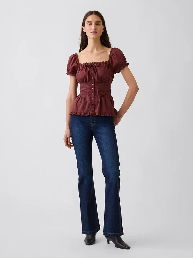 Square-Neck Lace-Trim Peplum Top