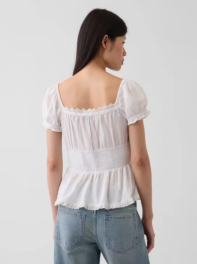 Square-Neck Lace-Trim Peplum Top