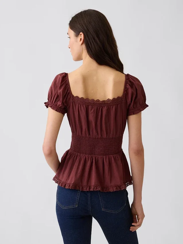 Square-Neck Lace-Trim Peplum Top