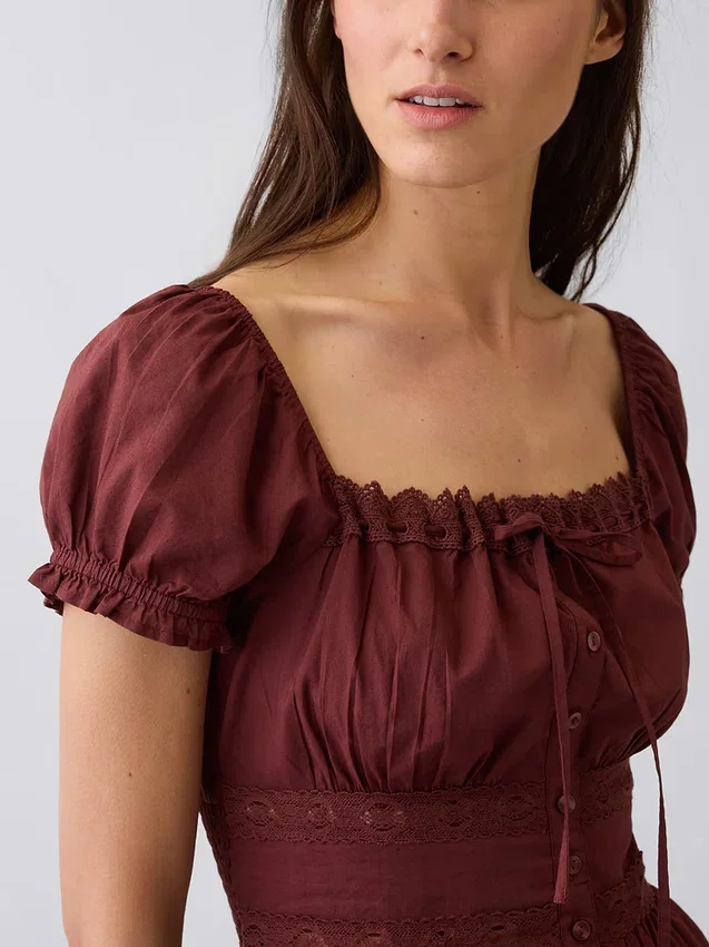 Square-Neck Lace-Trim Peplum Top