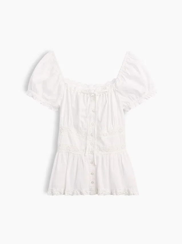 Square-Neck Lace-Trim Peplum Top