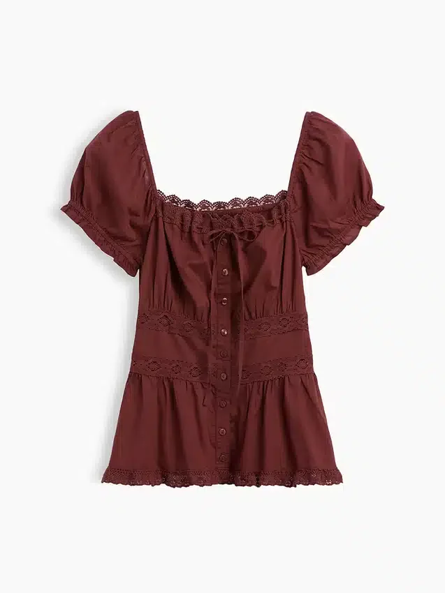 Square-Neck Lace-Trim Peplum Top