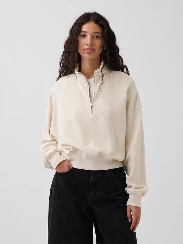 Textured Cotton Oversized Half-Zip Pullover