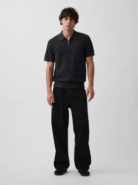 Textured Zip Polo Sweater Shirt