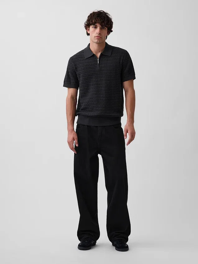 Textured Zip Polo Sweater Shirt
