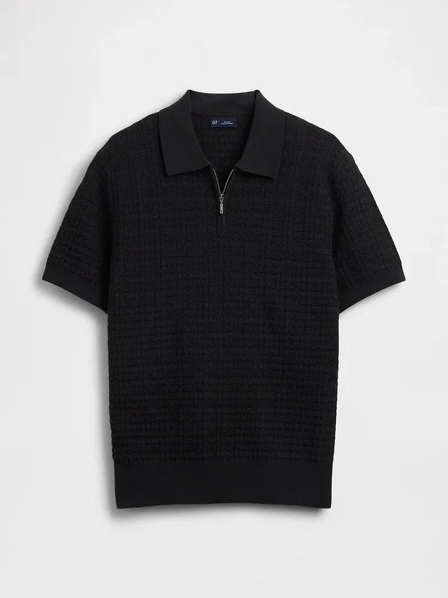 Textured Zip Polo Sweater Shirt