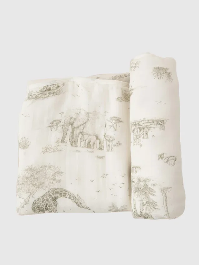 The Gilded Bird Safari Toile Bamboo Baby Blanket