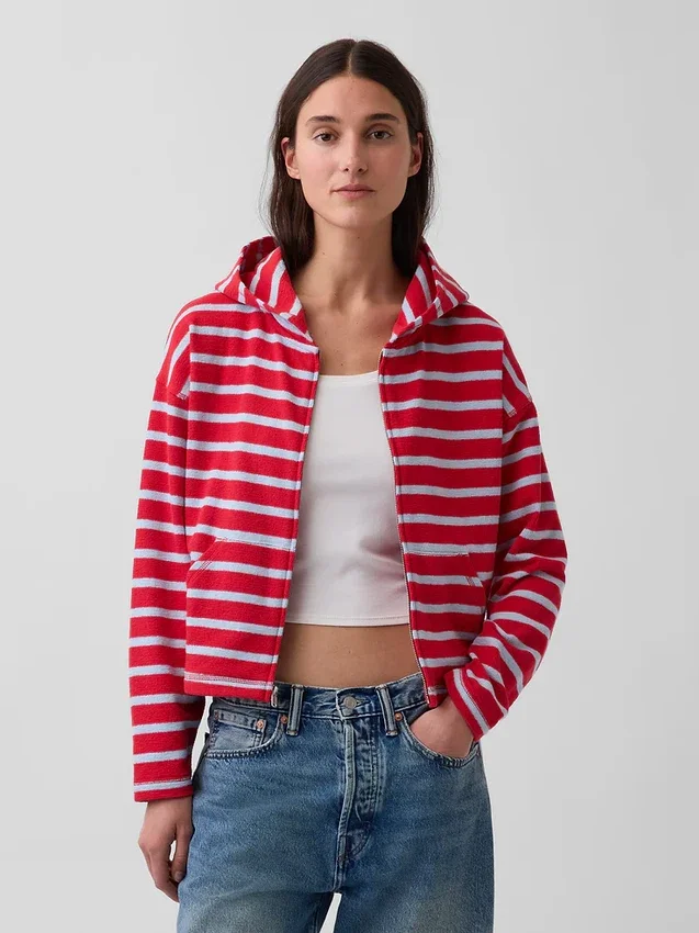 Towel Terry Oversized Stripe Zip Hoodie