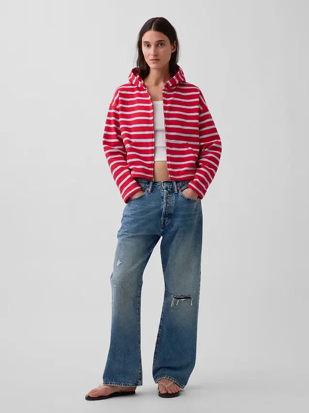 Towel Terry Oversized Stripe Zip Hoodie