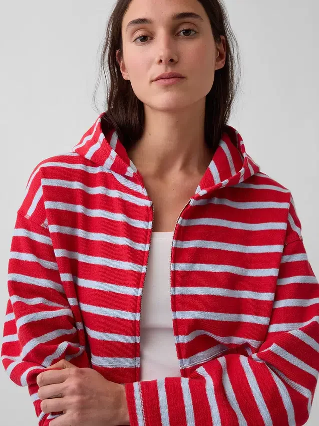 Towel Terry Oversized Stripe Zip Hoodie