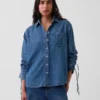 Ultrasoft Denim Oversized Ruched-Sleeve Shirt